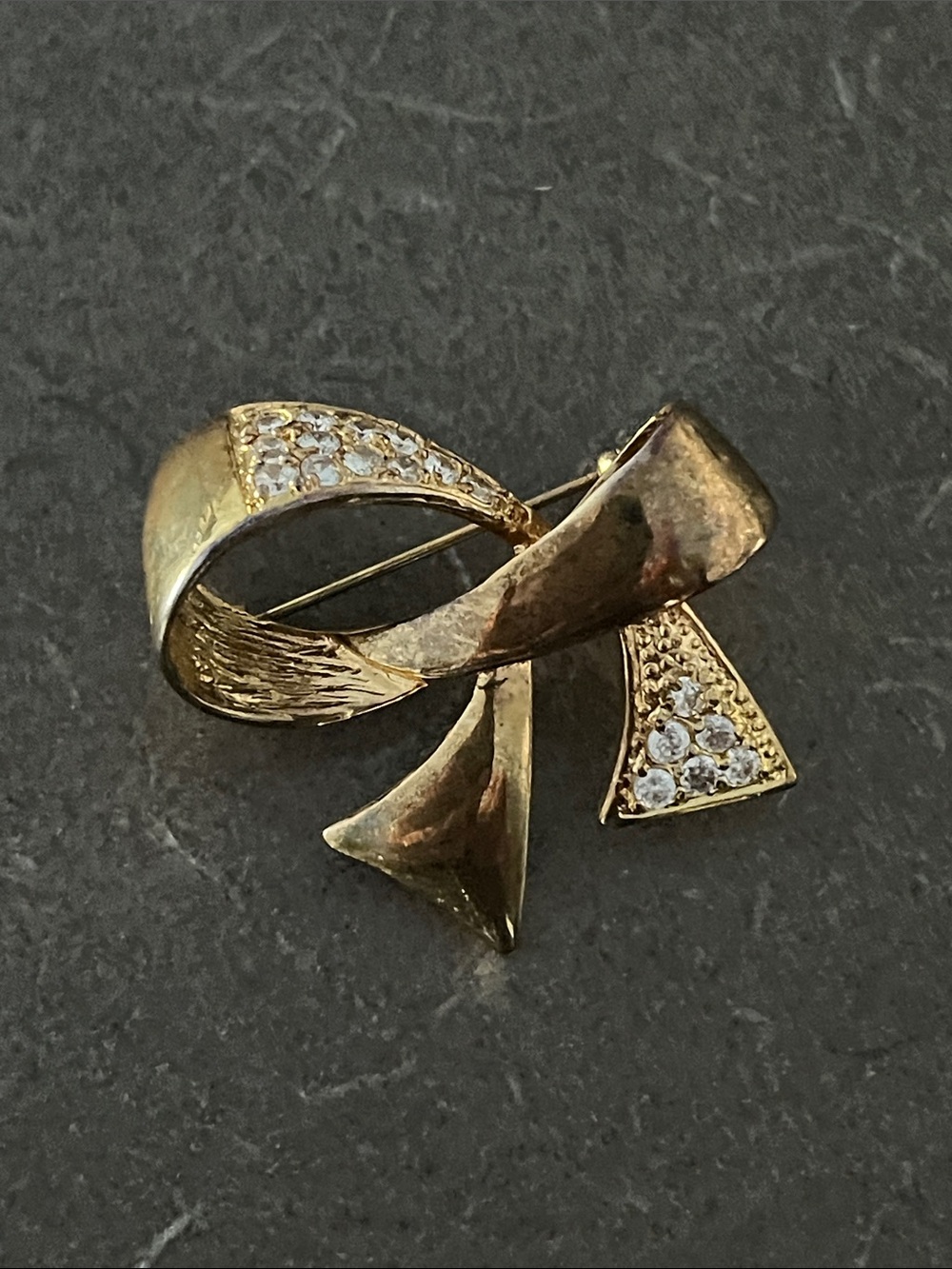 Gold tone Ribbon Bow Brooch with Crystal Accents 2”